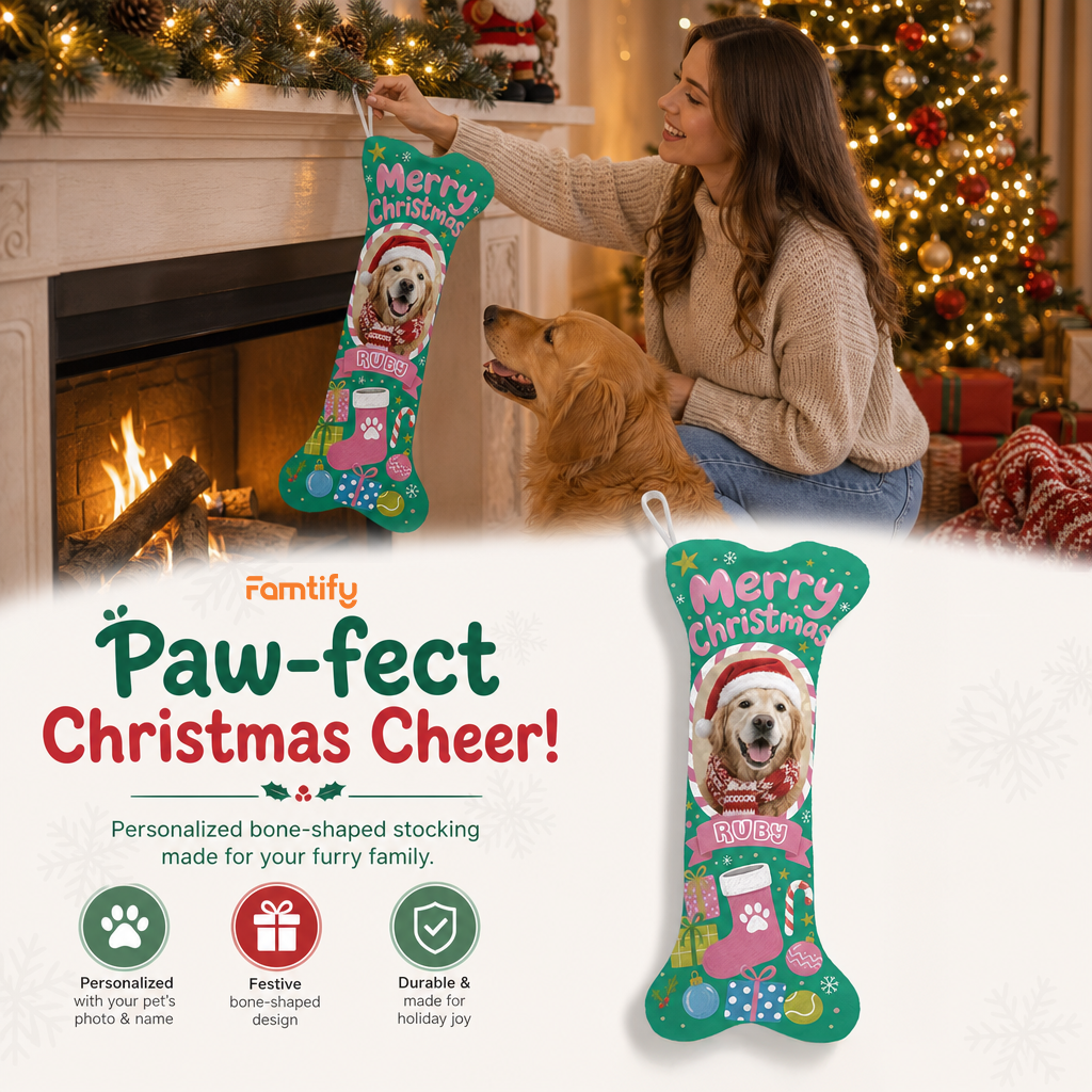 Personalized Merry Christmas Stocking and Gifts dog bone Christmas stocking, view 2