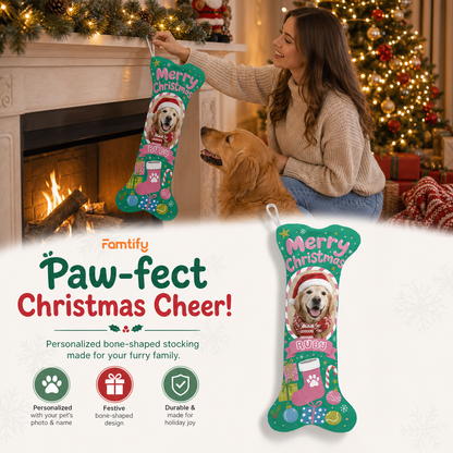 Personalized Merry Christmas Stocking and Gifts dog bone Christmas stocking, view 2