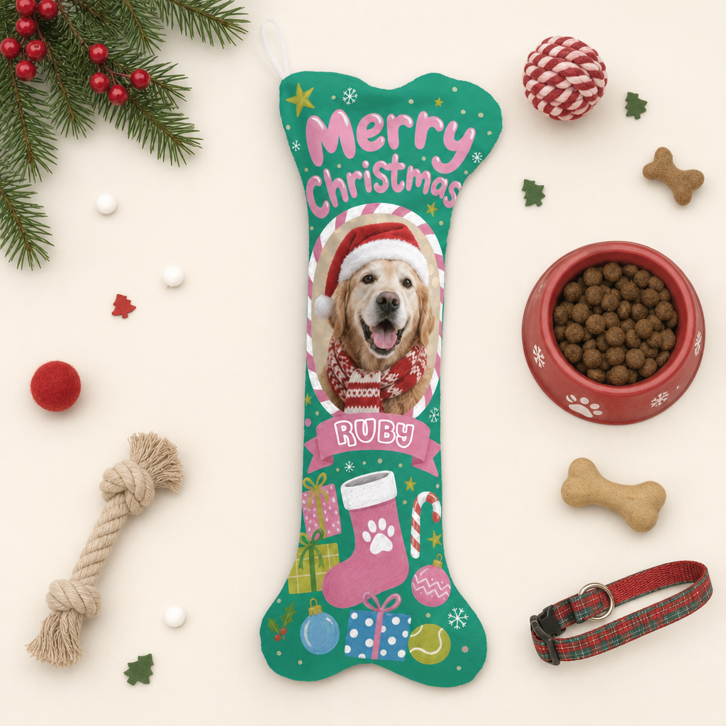 Personalized Merry Christmas Stocking and Gifts dog bone Christmas stocking, view 3