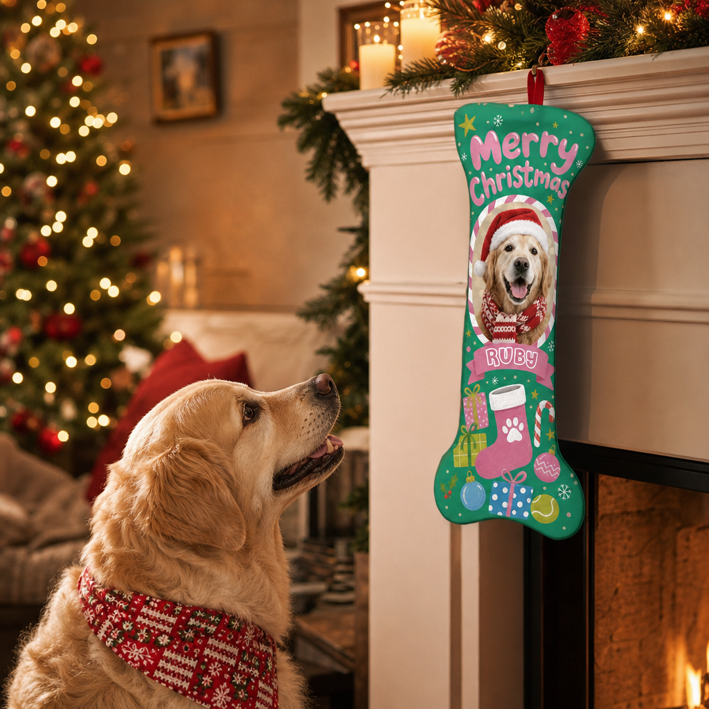 Personalized Merry Christmas Stocking and Gifts dog bone Christmas stocking, view 4