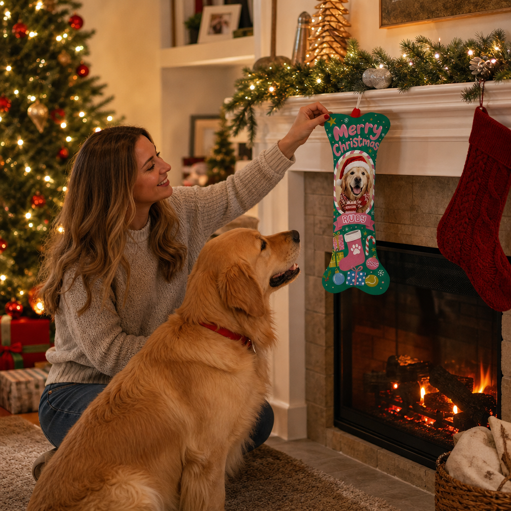 Personalized Merry Christmas Stocking and Gifts dog bone Christmas stocking, view 6