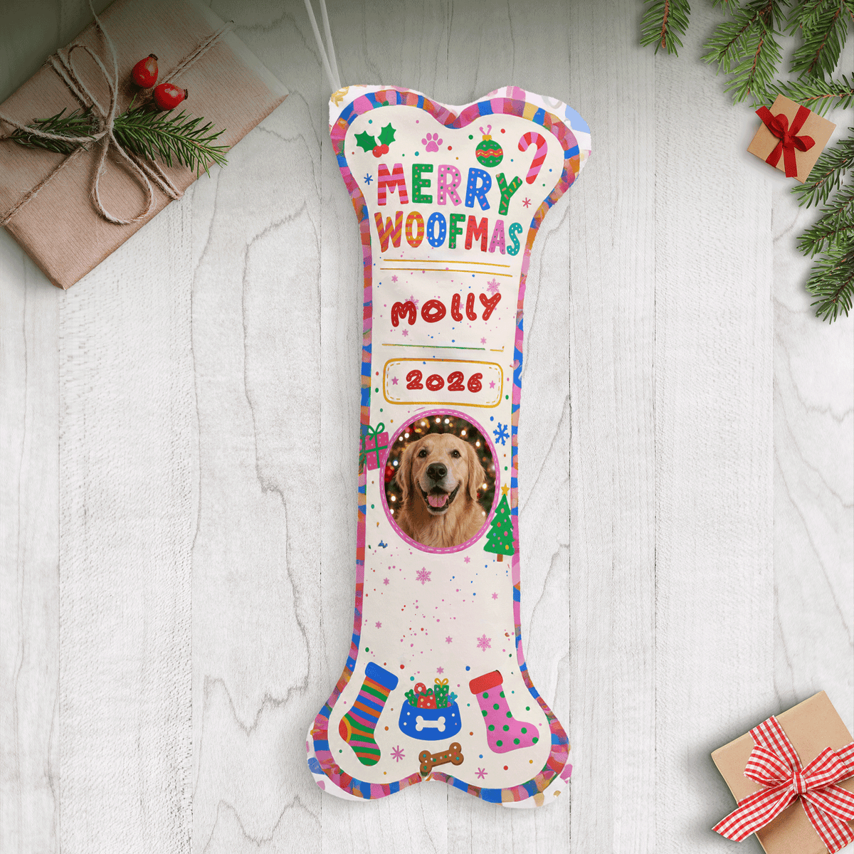 Personalized Merry Woofmas Year dog bone Christmas stocking with custom dog photo and name