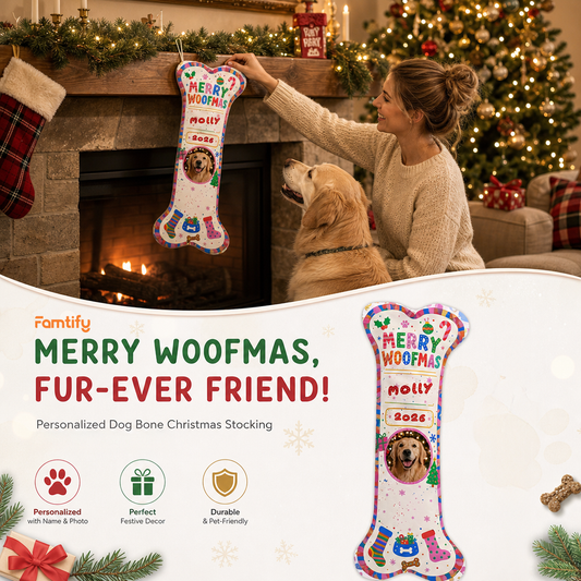 Personalized Merry Woofmas Year dog bone Christmas stocking, view 2
