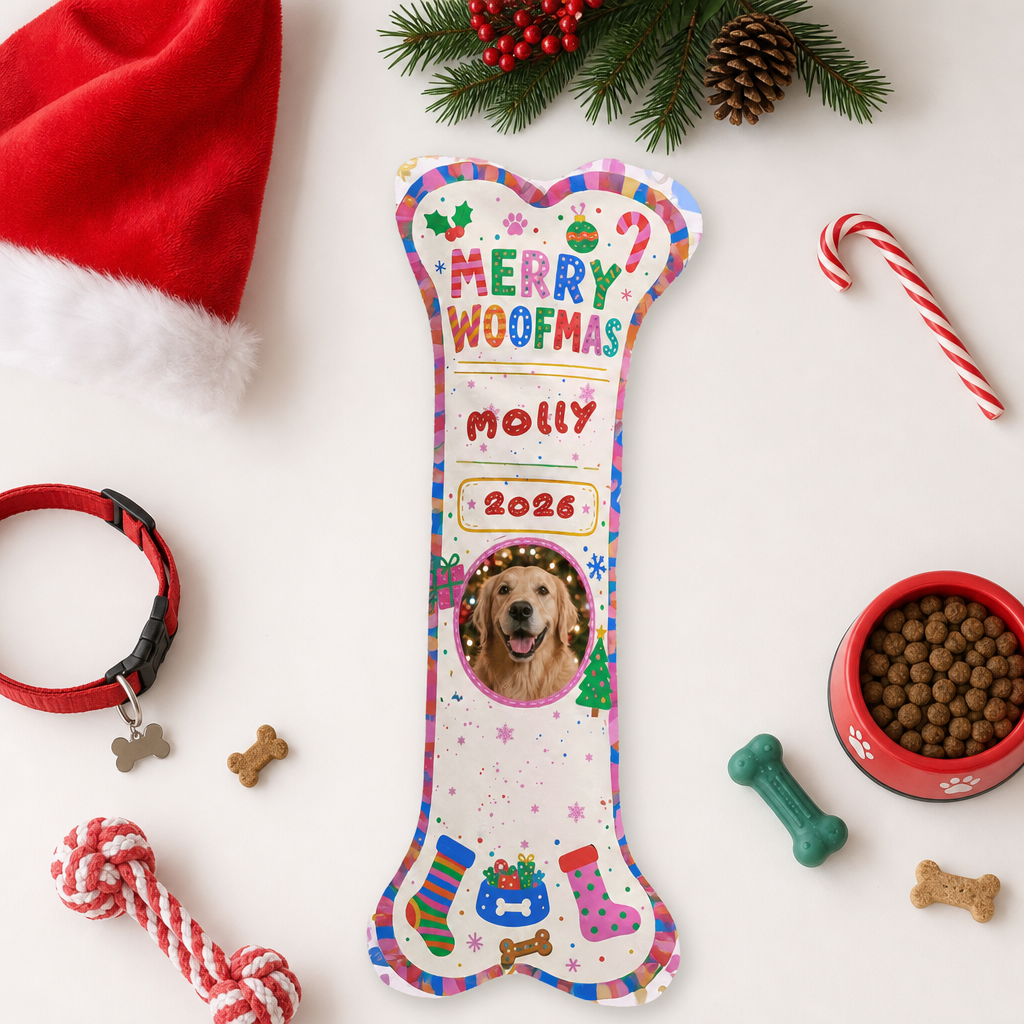 Personalized Merry Woofmas Year dog bone Christmas stocking, view 3