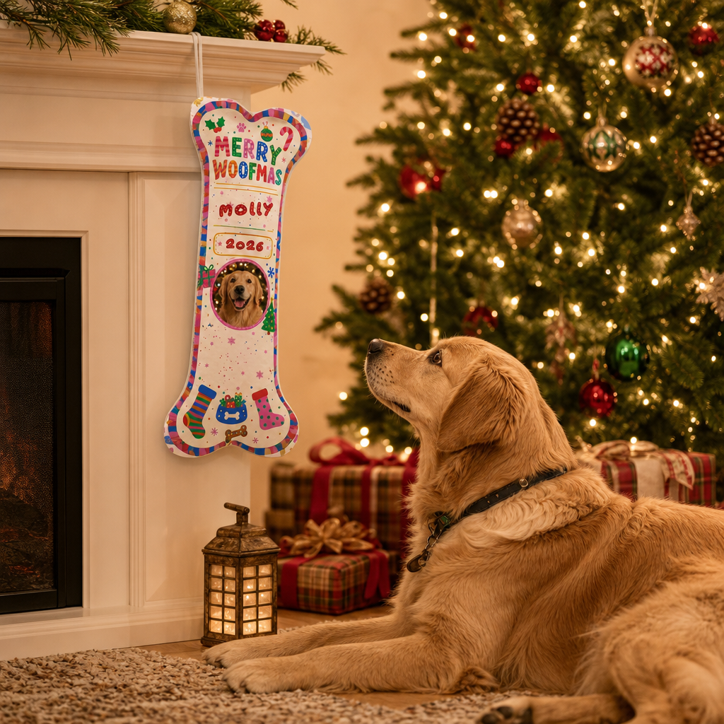 Personalized Merry Woofmas Year dog bone Christmas stocking, view 4