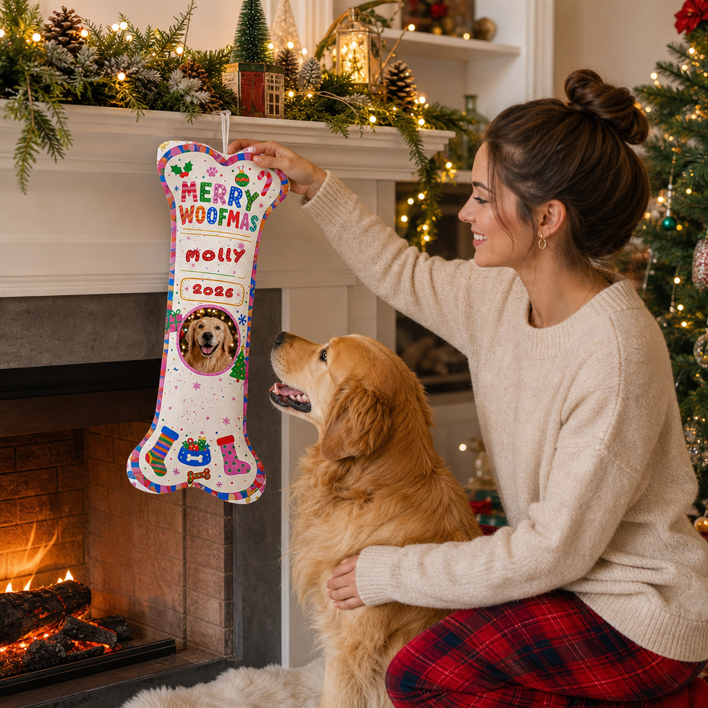 Personalized Merry Woofmas Year dog bone Christmas stocking, view 6
