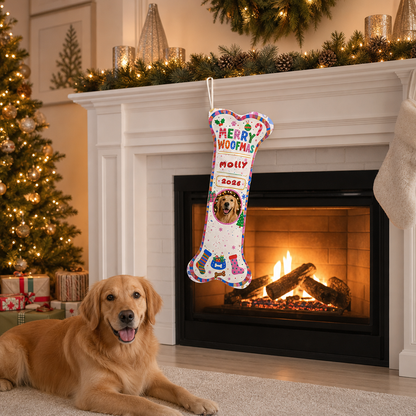 Personalized Merry Woofmas Year dog bone Christmas stocking, view 7