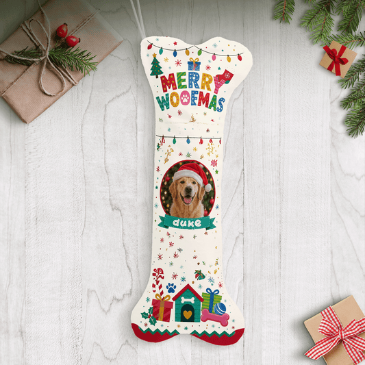 Personalized Merry Woofmas Dog House dog bone Christmas stocking with custom dog photo and name