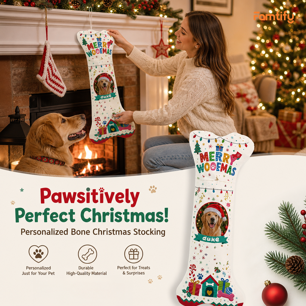 Personalized Merry Woofmas Dog House dog bone Christmas stocking, view 2