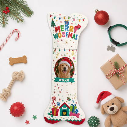 Personalized Merry Woofmas Dog House dog bone Christmas stocking, view 3