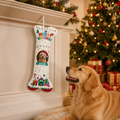 Personalized Merry Woofmas Dog House dog bone Christmas stocking, view 4