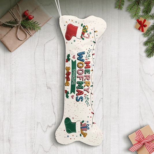 Personalized Merry Woofmas Stockings dog bone Christmas stocking, view 2