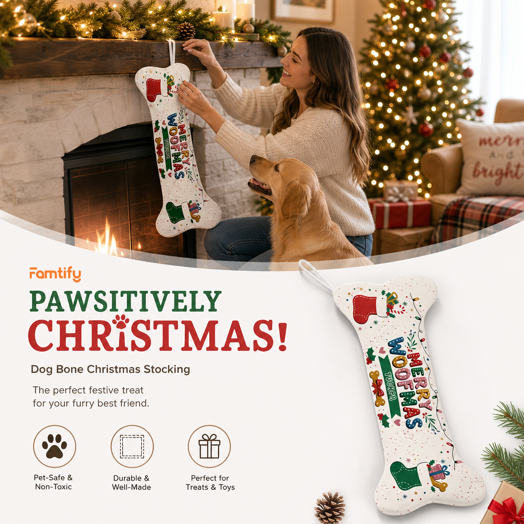 Personalized Merry Woofmas Stockings dog bone Christmas stocking, view 4