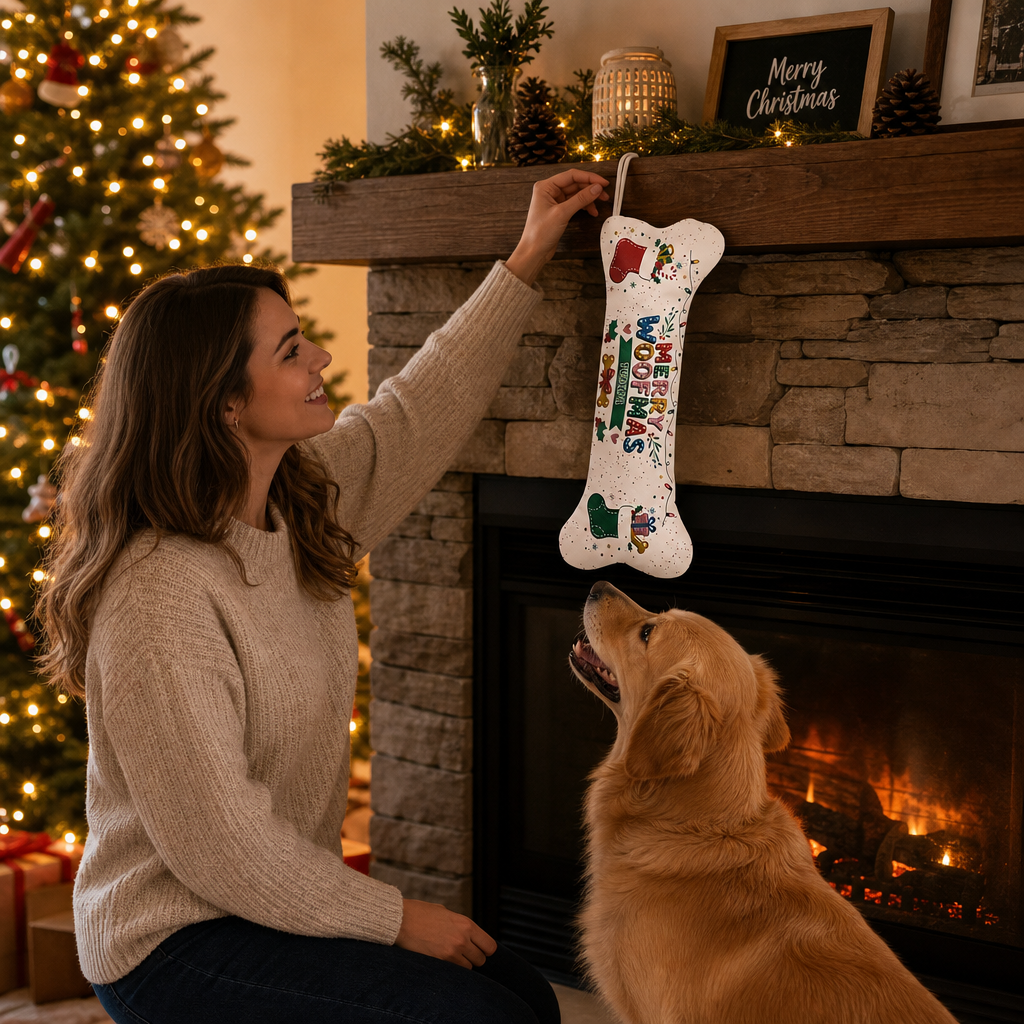 Personalized Merry Woofmas Stockings dog bone Christmas stocking, view 7