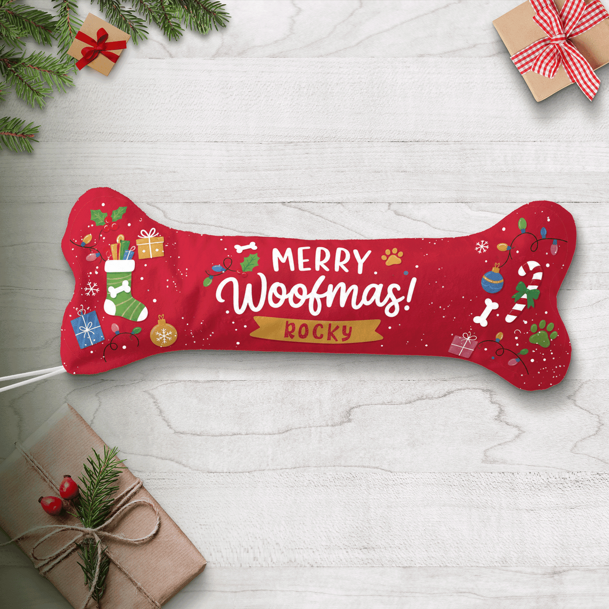 Personalized Merry Woofmas Bone Treats dog bone Christmas stocking with custom pet name