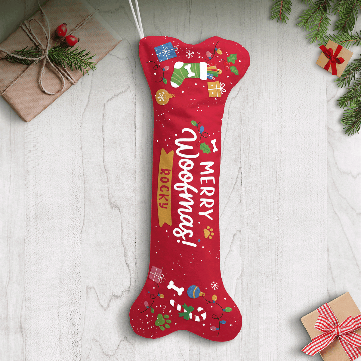 Personalized Merry Woofmas Bone Treats dog bone Christmas stocking, view 2