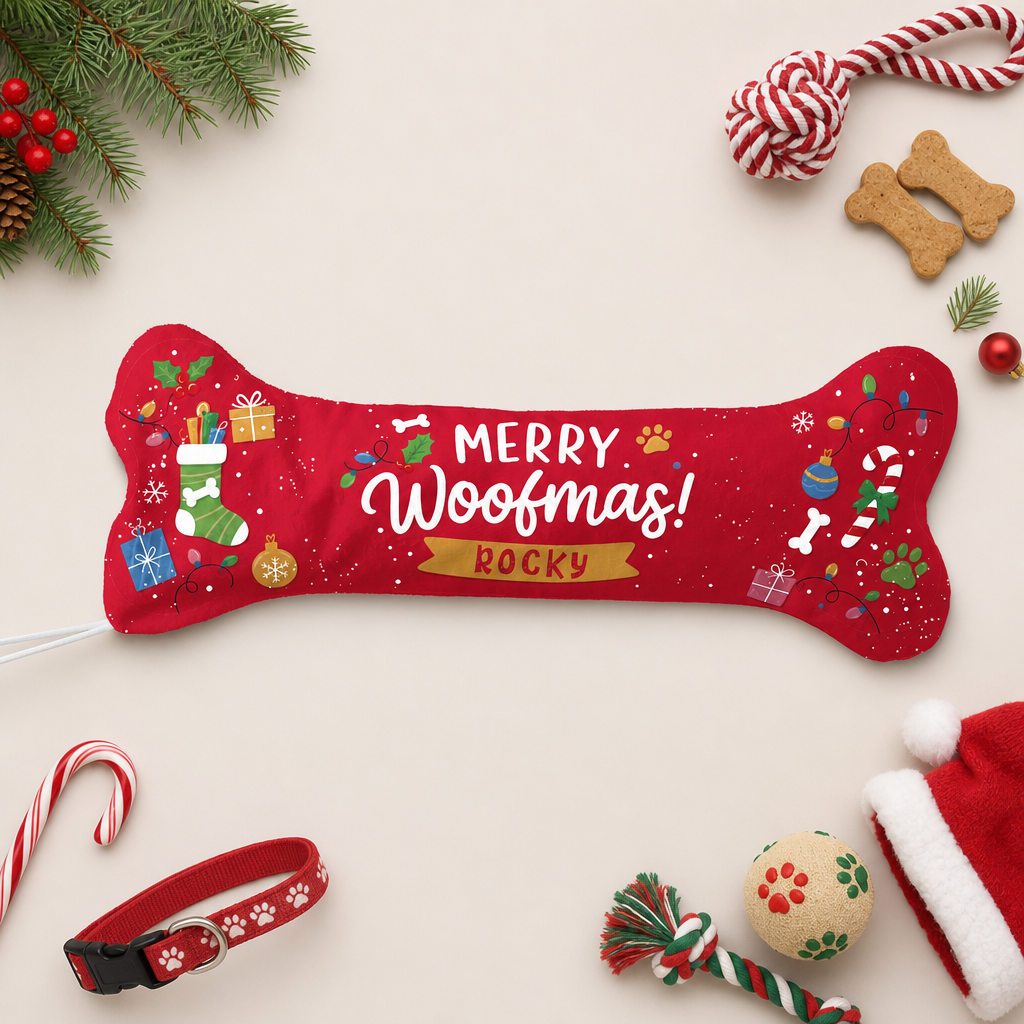 Personalized Merry Woofmas Bone Treats dog bone Christmas stocking, view 3