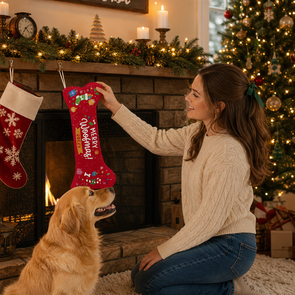 Personalized Merry Woofmas Bone Treats dog bone Christmas stocking, view 7