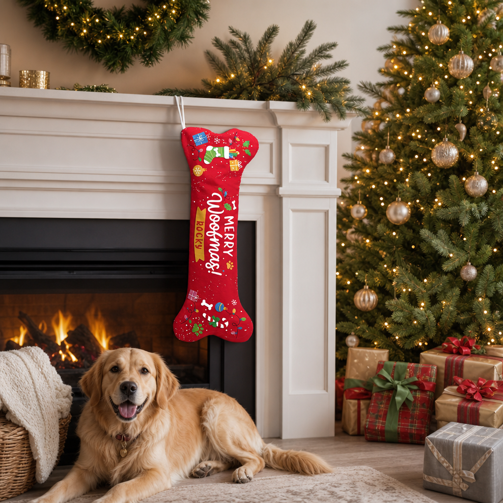 Personalized Merry Woofmas Bone Treats dog bone Christmas stocking, view 8