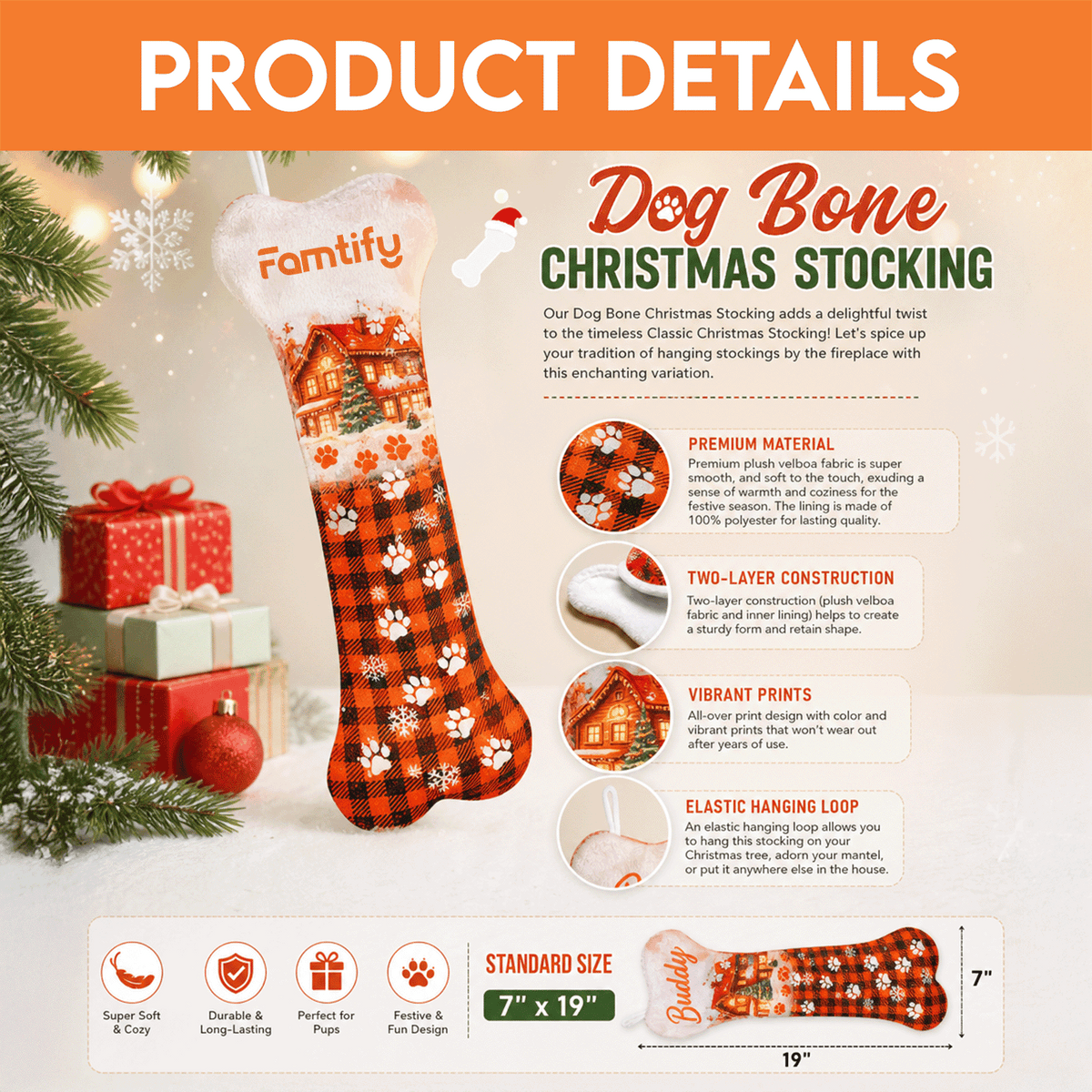 Dog bone Christmas stocking size guide