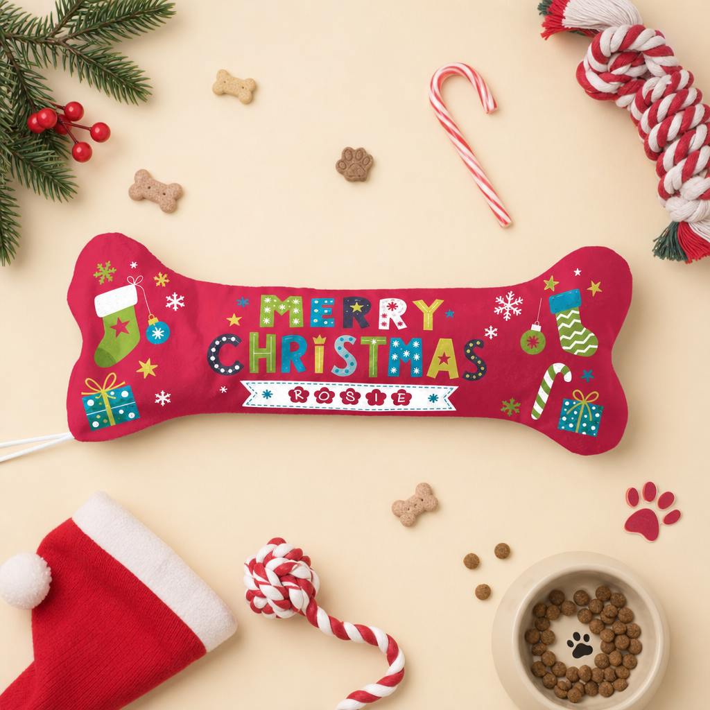 Personalized Merry Christmas Candy Cane Banner dog bone Christmas stocking, view 3
