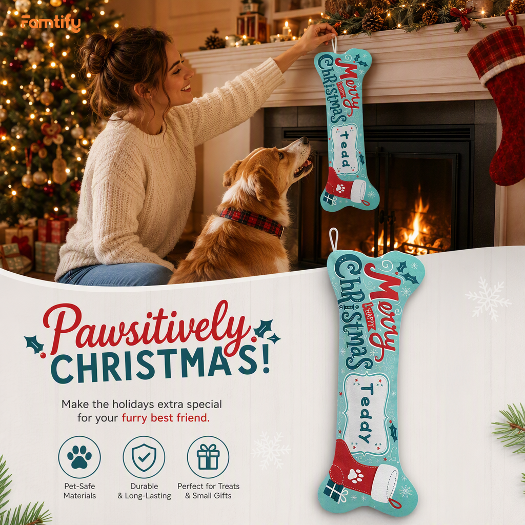 Personalized Happy Christmas Paw Stocking dog bone Christmas stocking, view 4