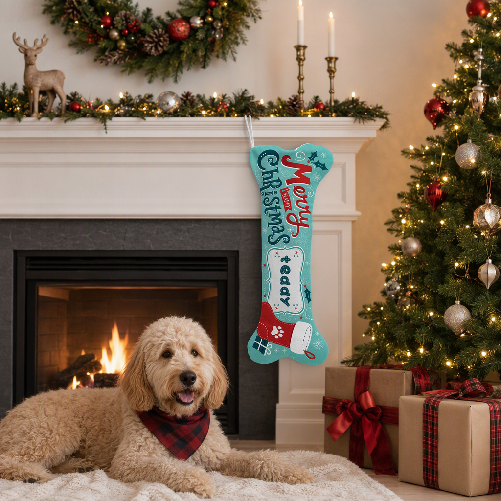 Personalized Happy Christmas Paw Stocking dog bone Christmas stocking, view 8