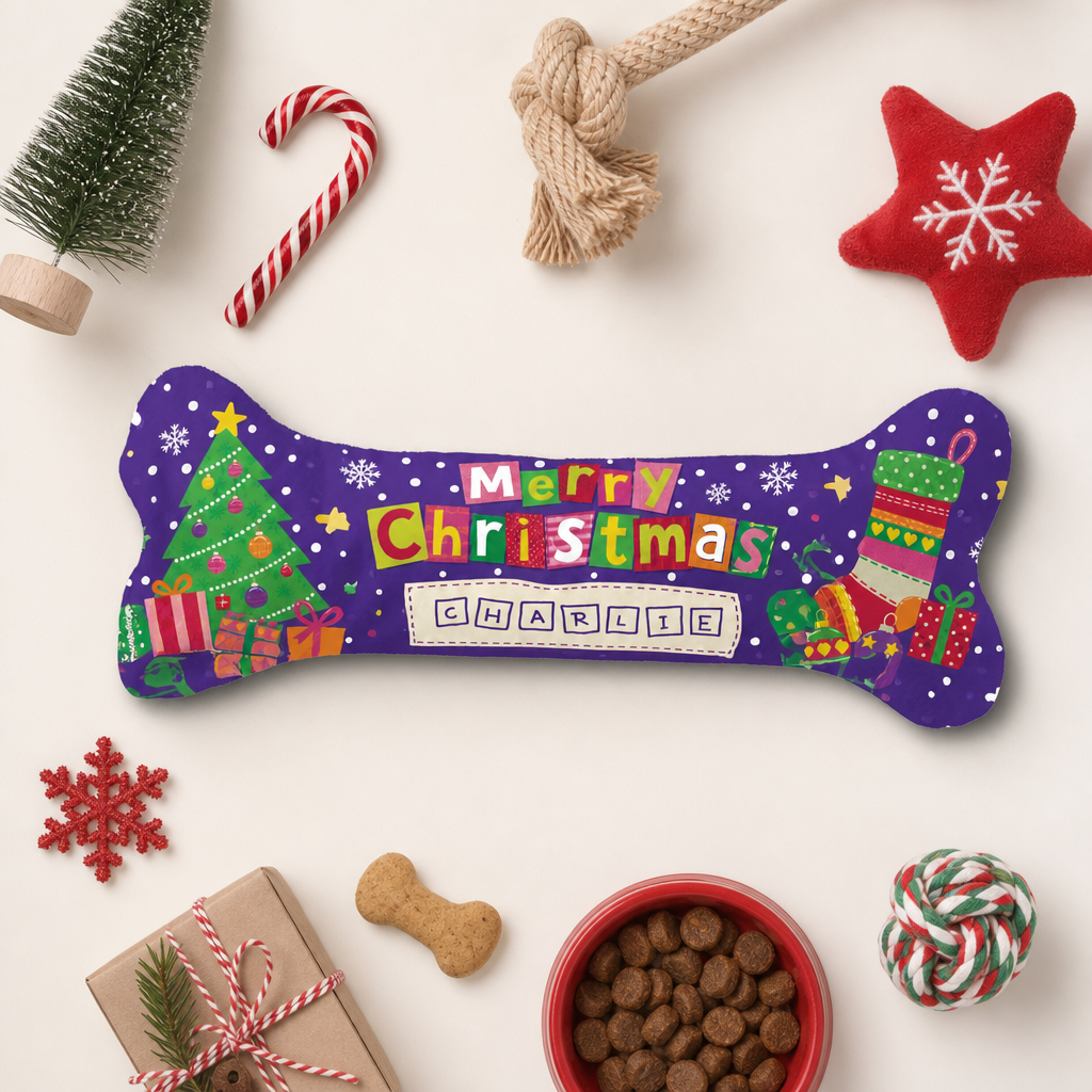 Personalized Merry Christmas Tree and Gifts dog bone Christmas stocking, view 3