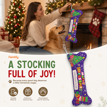 Personalized Merry Christmas Tree and Gifts dog bone Christmas stocking, view 4