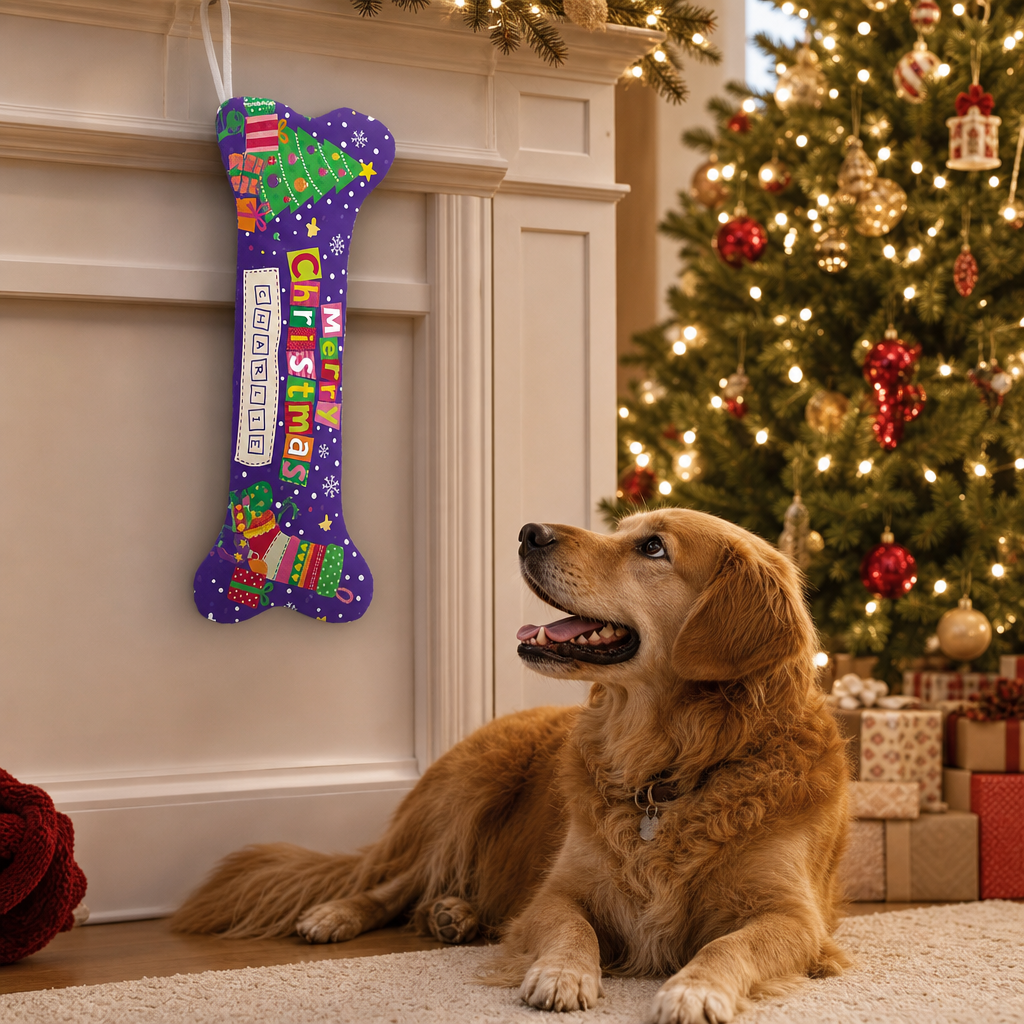 Personalized Merry Christmas Tree and Gifts dog bone Christmas stocking, view 5