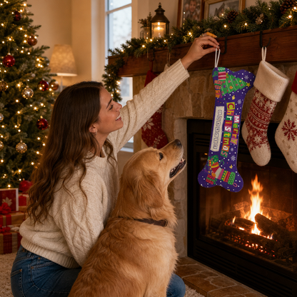 Personalized Merry Christmas Tree and Gifts dog bone Christmas stocking, view 7