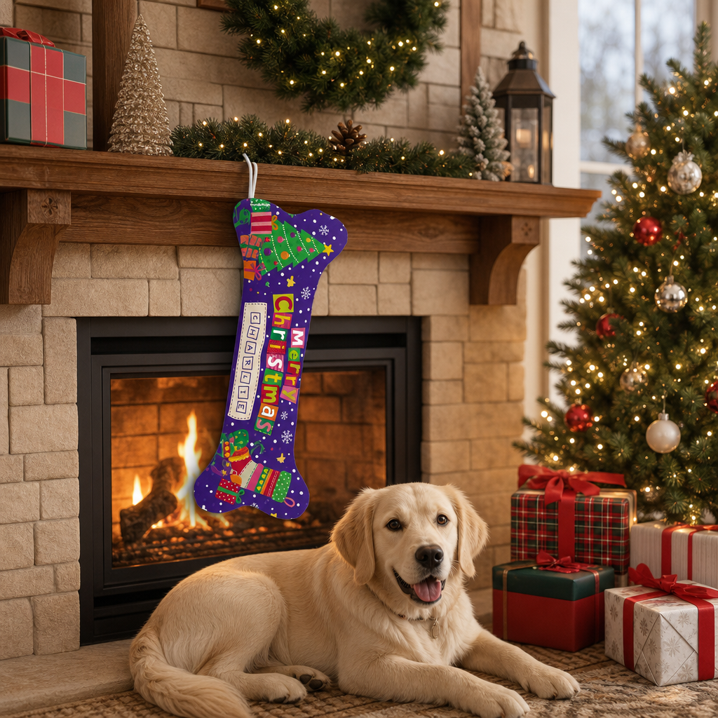 Personalized Merry Christmas Tree and Gifts dog bone Christmas stocking, view 8