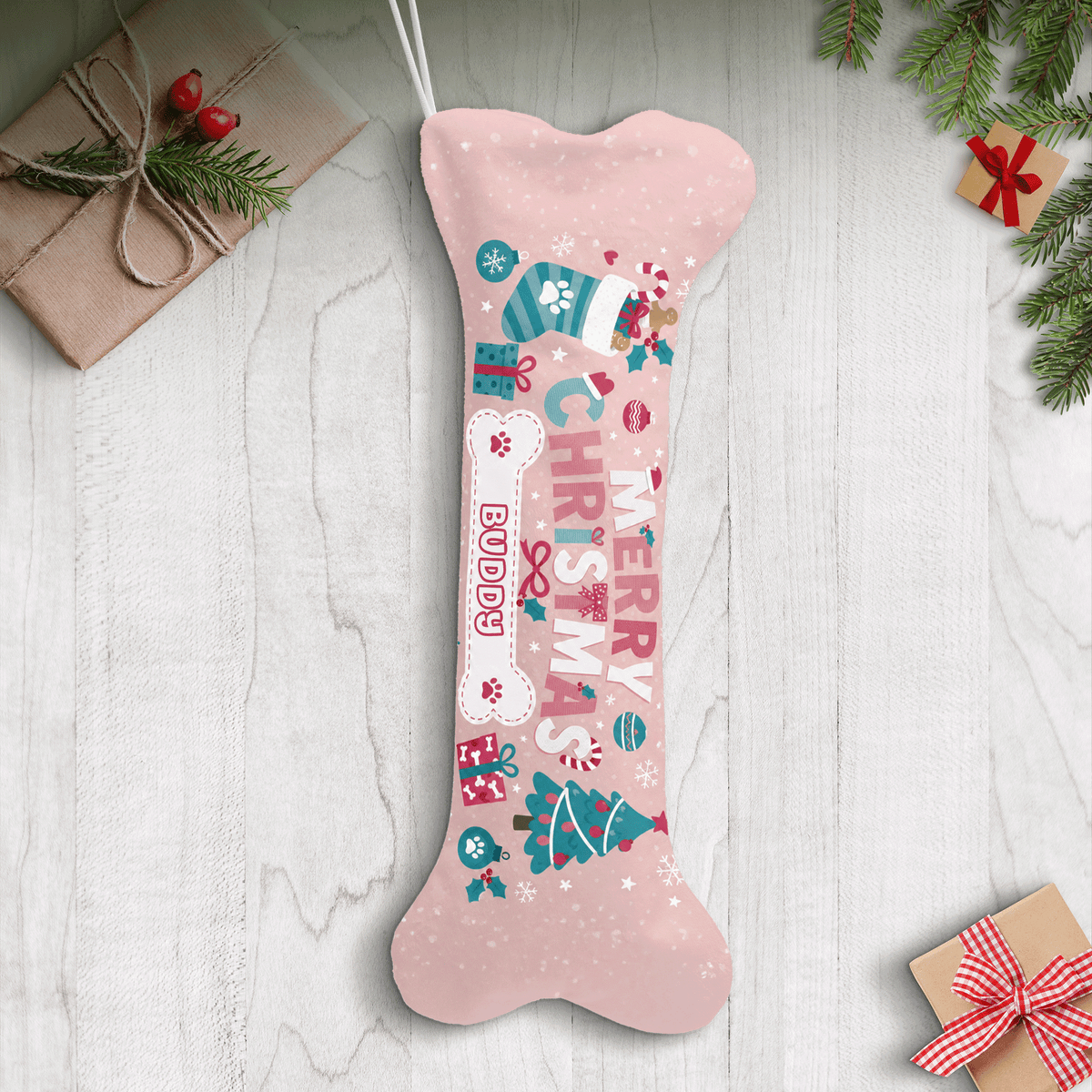 Personalized Merry Christmas Snowy Tree dog bone Christmas stocking, view 2