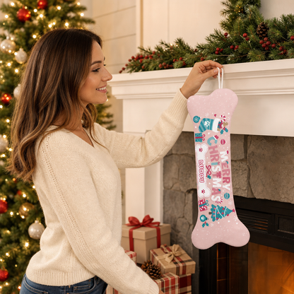 Personalized Merry Christmas Snowy Tree dog bone Christmas stocking, view 5