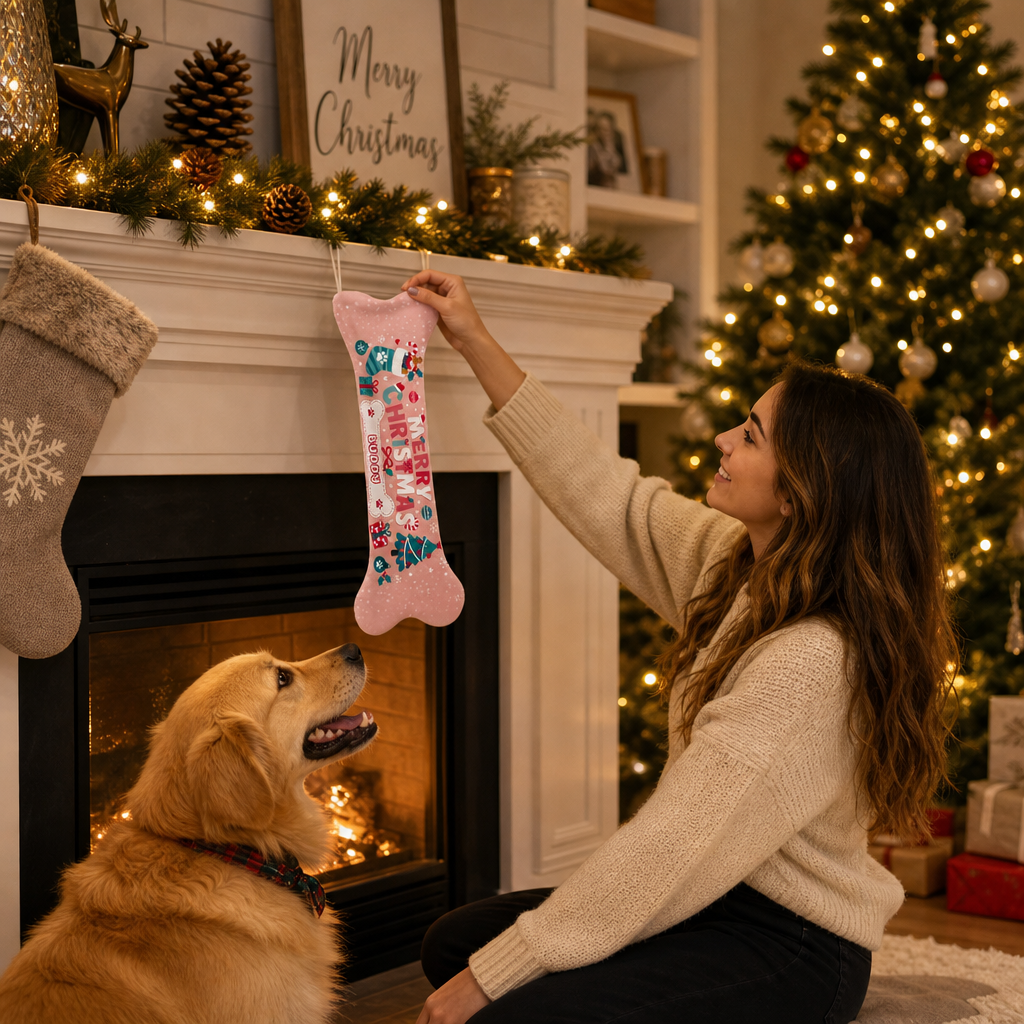 Personalized Merry Christmas Snowy Tree dog bone Christmas stocking, view 6