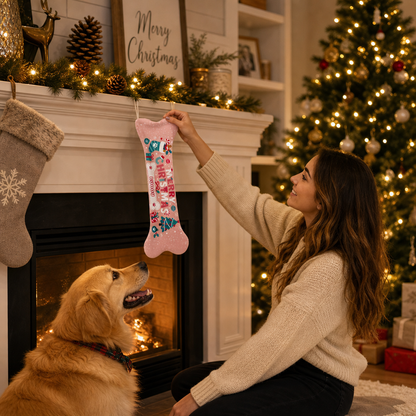Personalized Merry Christmas Snowy Tree dog bone Christmas stocking, view 6