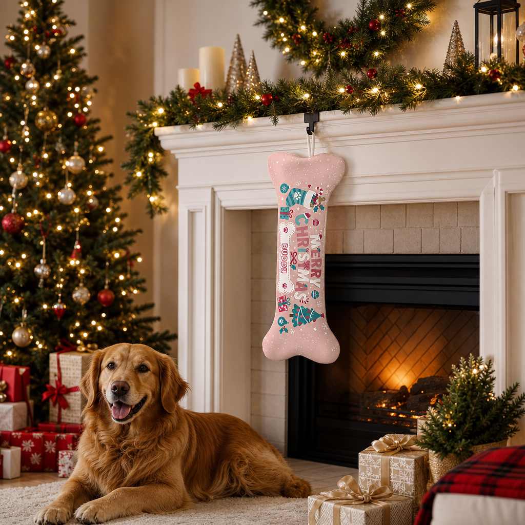 Personalized Merry Christmas Snowy Tree dog bone Christmas stocking, view 7