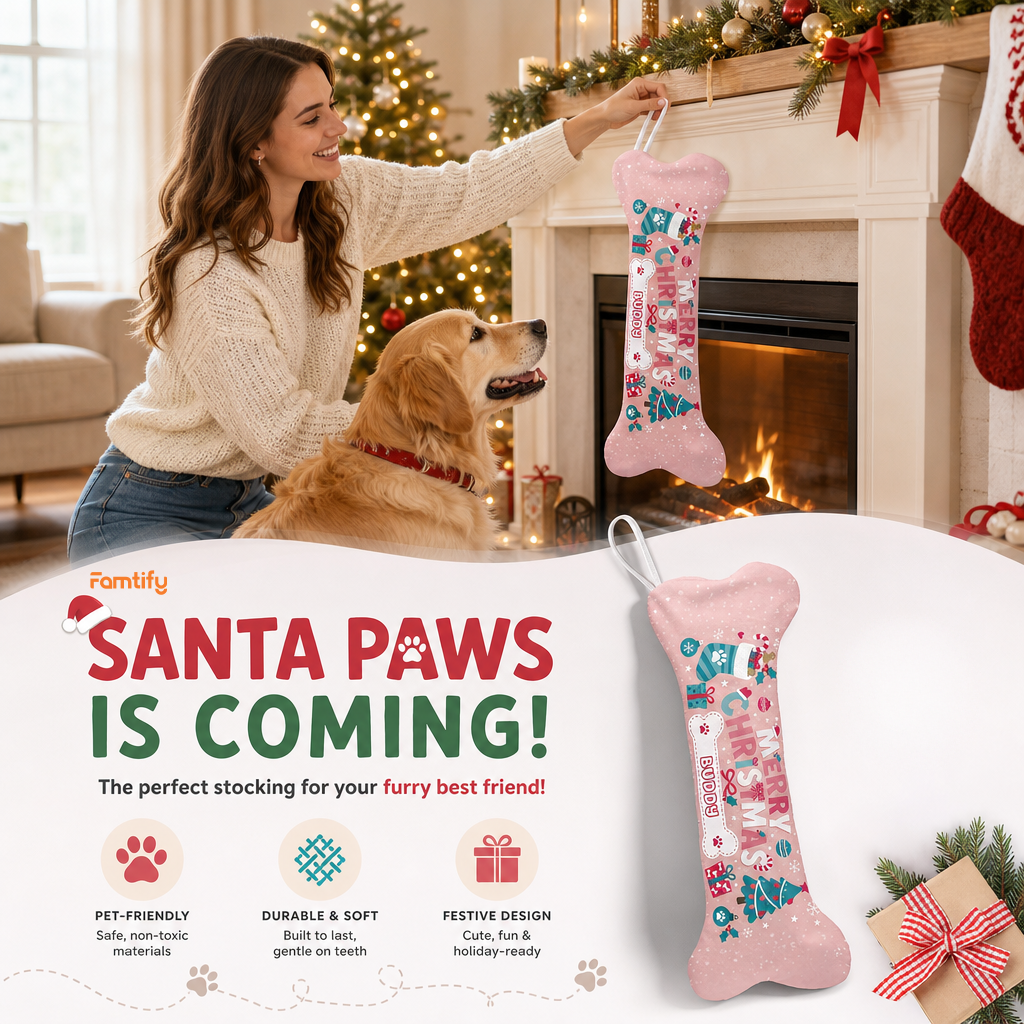 Personalized Merry Christmas Snowy Tree dog bone Christmas stocking, view 9