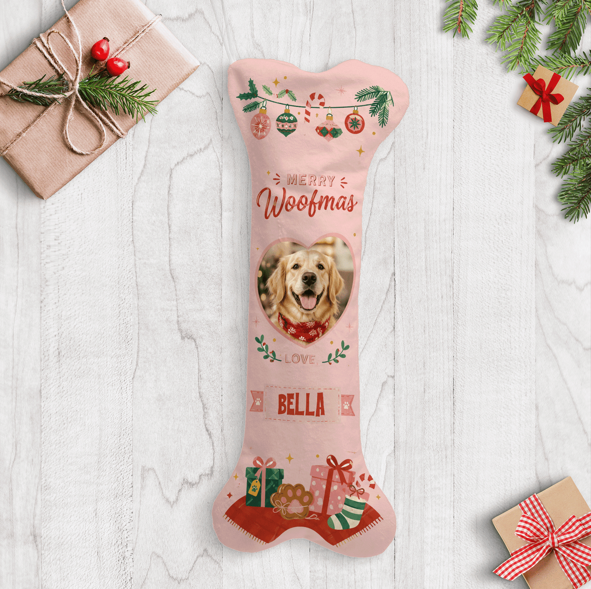 Personalized Merry Woofmas Heart dog bone Christmas stocking with custom dog photo and name