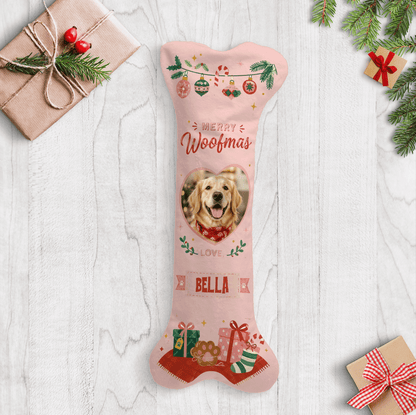 Personalized Merry Woofmas Heart dog bone Christmas stocking with custom dog photo and name