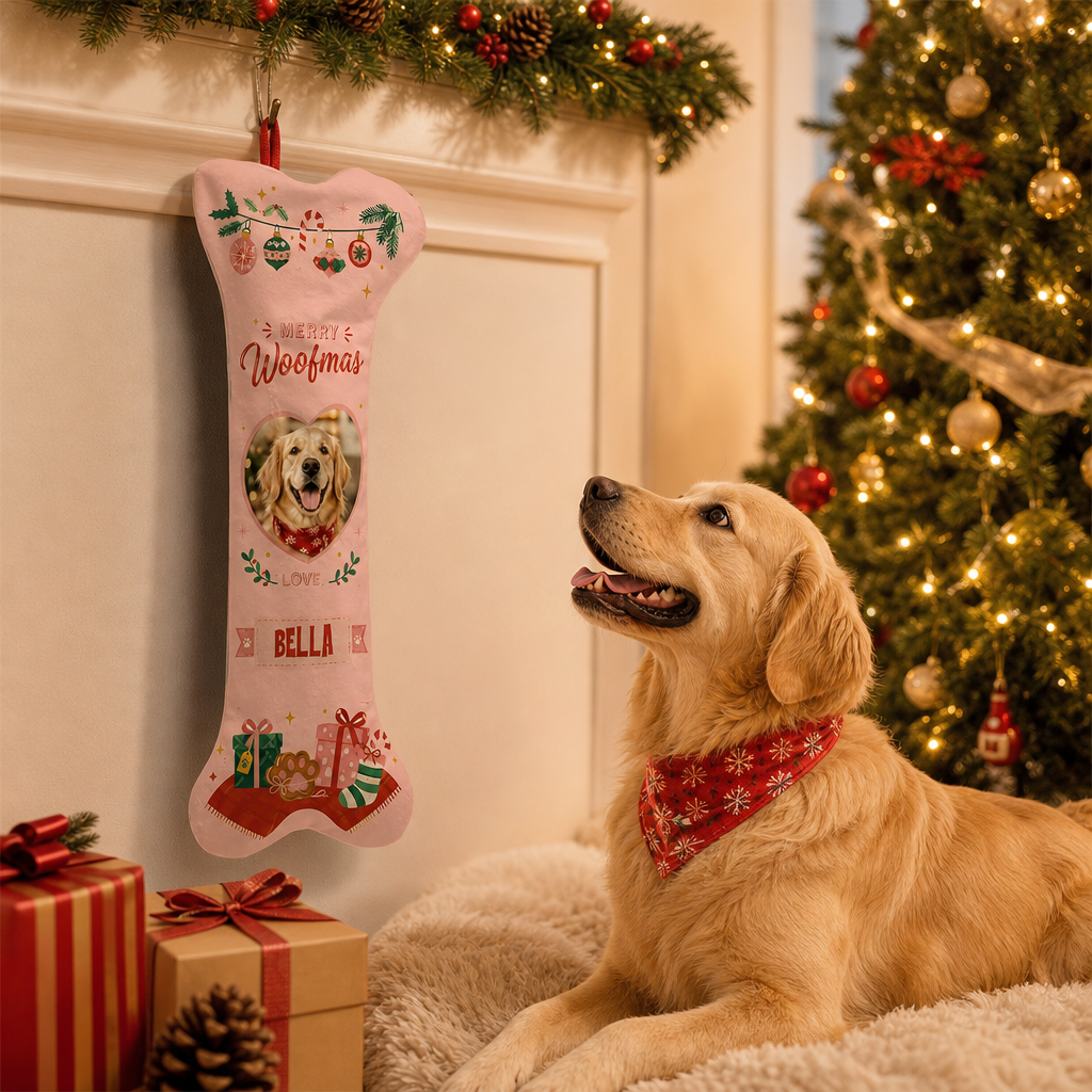 Personalized Merry Woofmas Heart dog bone Christmas stocking, view 2