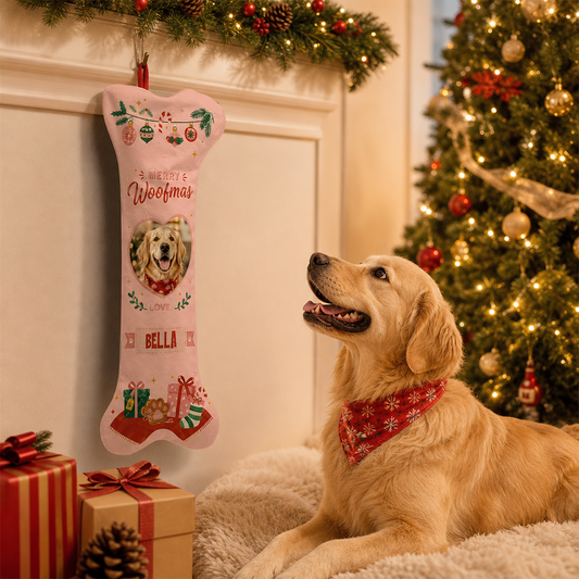 Personalized Merry Woofmas Heart dog bone Christmas stocking, view 2