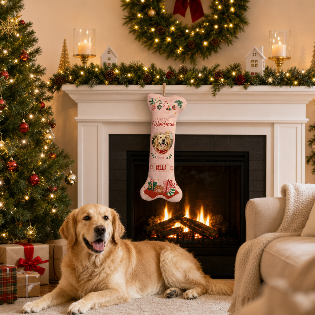Personalized Merry Woofmas Heart dog bone Christmas stocking, view 3