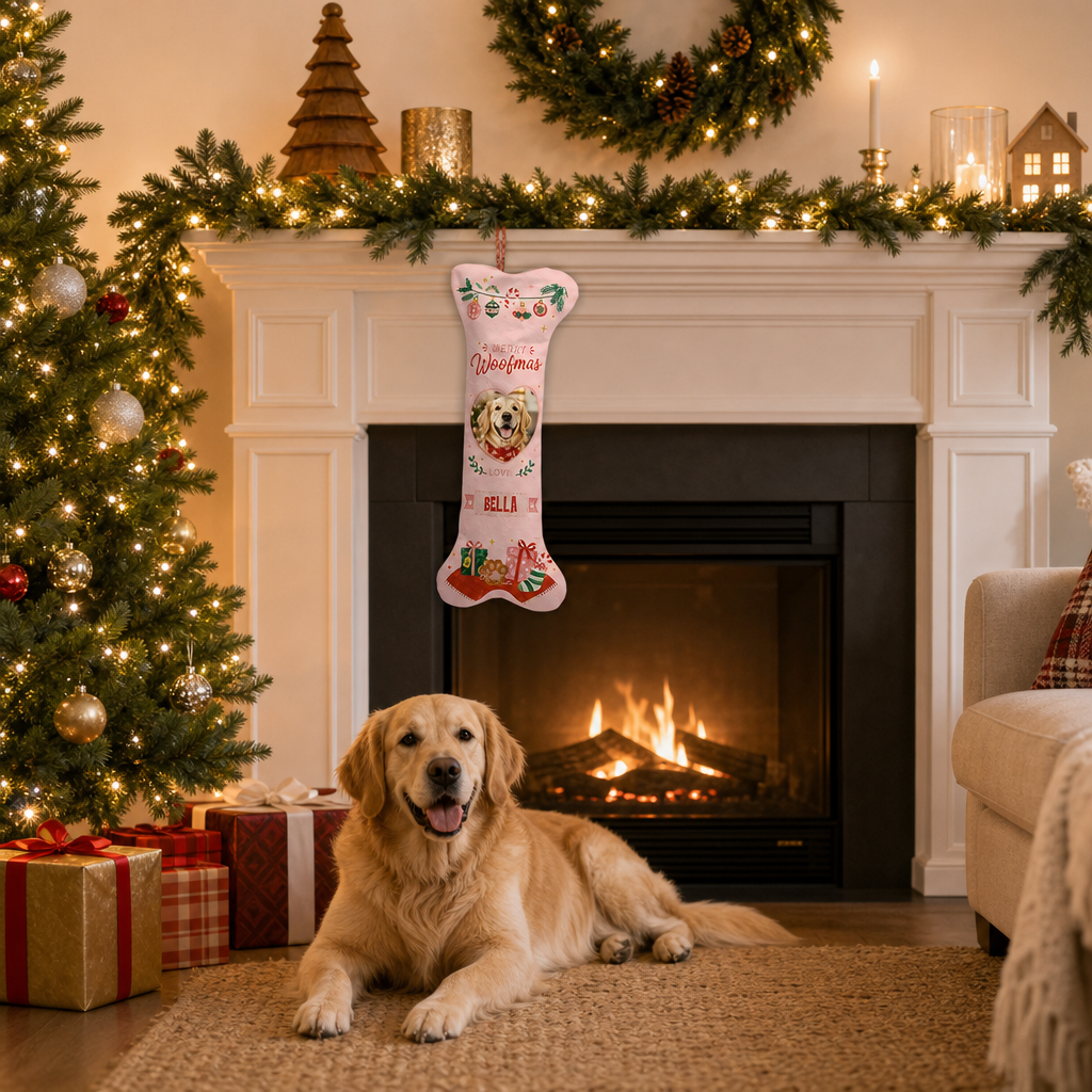 Personalized Merry Woofmas Heart dog bone Christmas stocking, view 4