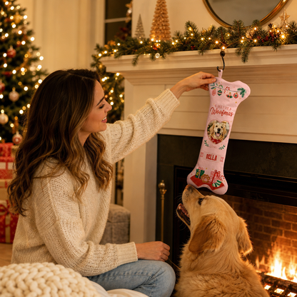Personalized Merry Woofmas Heart dog bone Christmas stocking, view 5