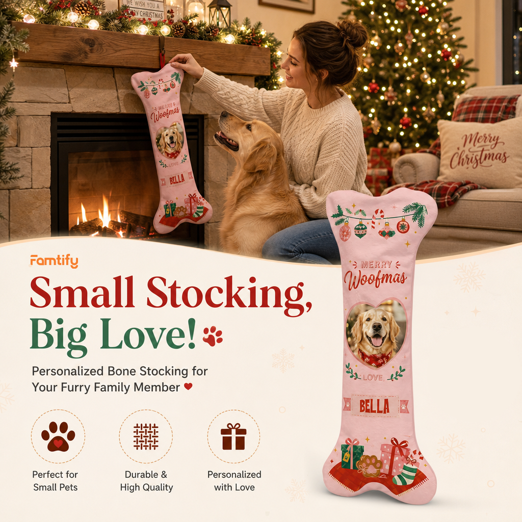 Personalized Merry Woofmas Heart dog bone Christmas stocking, view 6