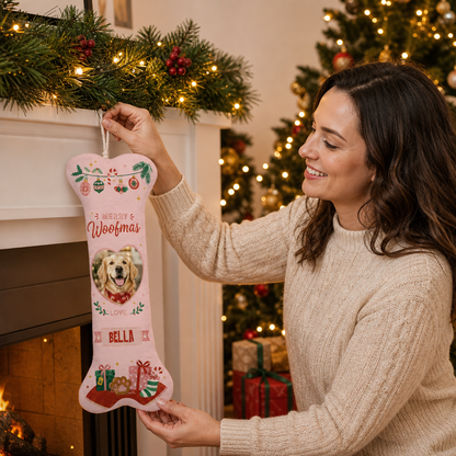 Personalized Merry Woofmas Heart dog bone Christmas stocking, view 7