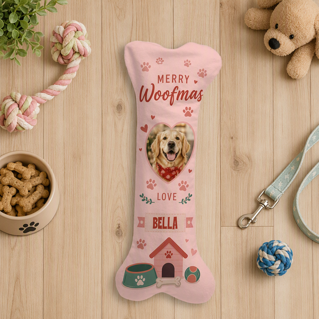 Personalized Merry Woofmas Heart dog bone Christmas stocking, view 8