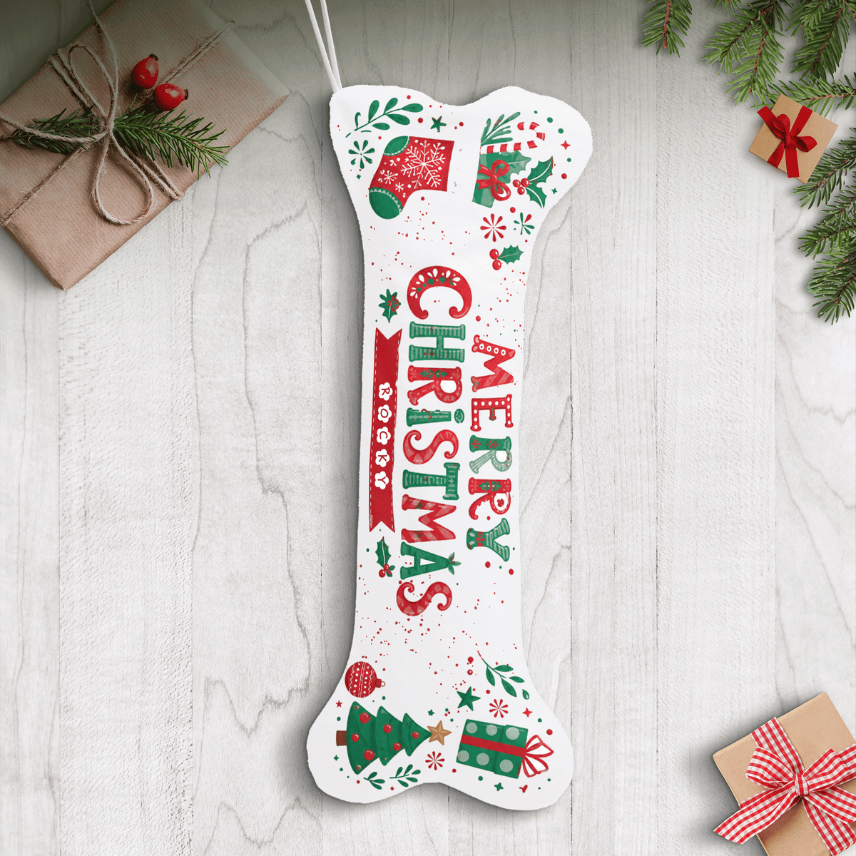 Personalized Merry Christmas Holly dog bone Christmas stocking, view 2