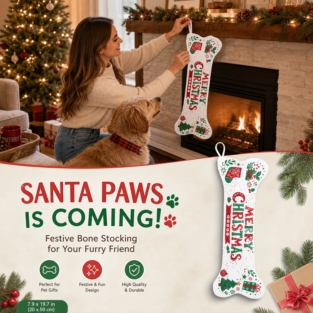 Personalized Merry Christmas Holly dog bone Christmas stocking, view 4